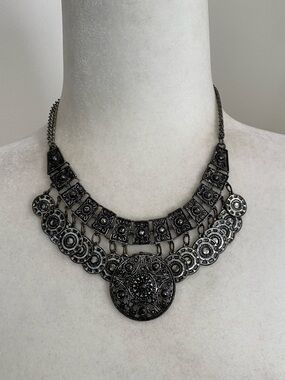 Express Gunmetal Statement Necklace - Bohemian Medallion Coin Detail